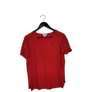PER SE By Carlisle Womens Size Large V-Neck Red Silk Shirt Blouse Top